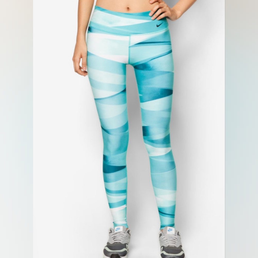 NIKE Women's Legend 2.0 Ribbon-Wrap Blue Green Legging Tights